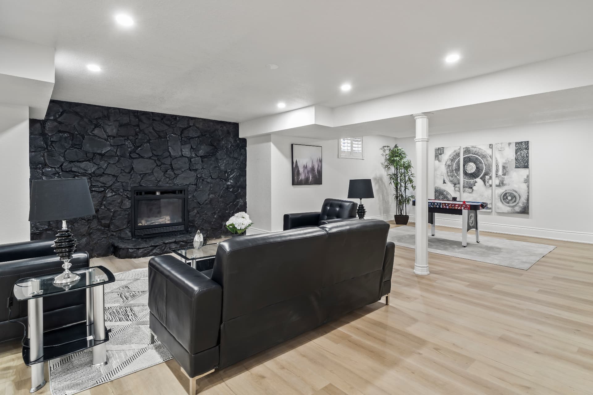 Basement with Stone Fireplace