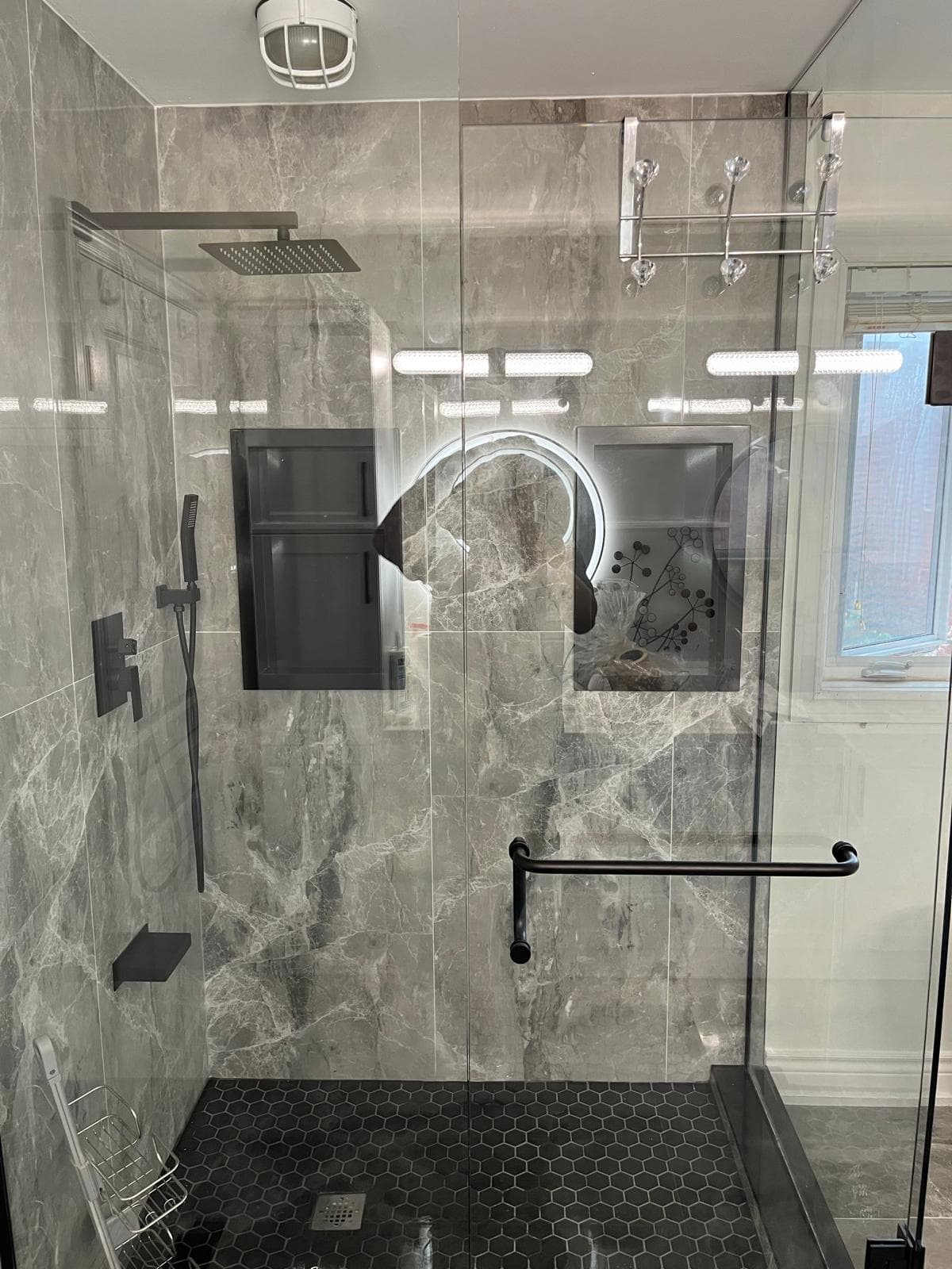 Glass Shower with Marble Tile