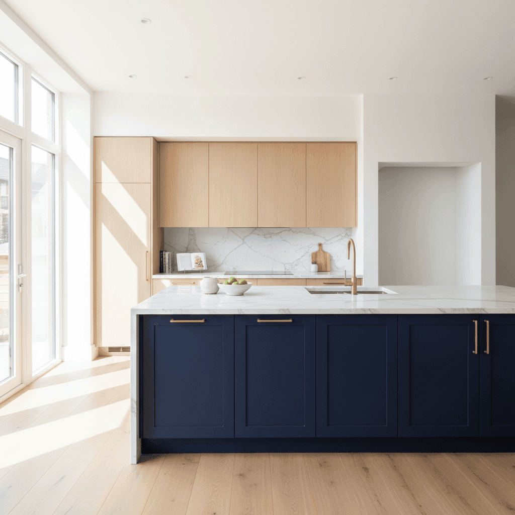 Navy Blue Island Kitchen with Marble